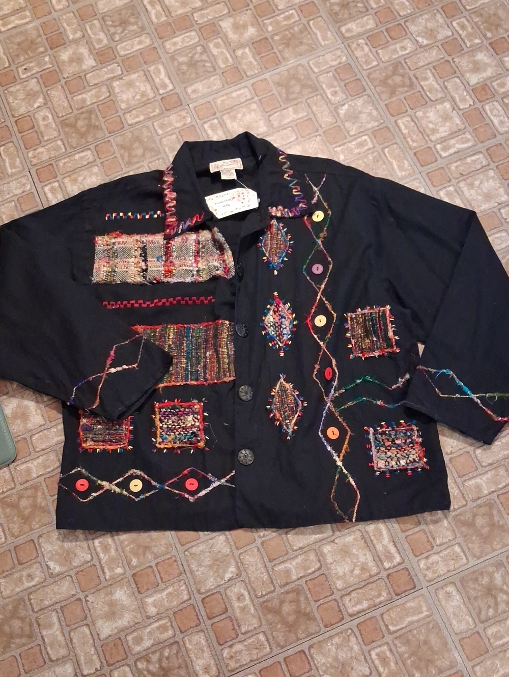 new directions Black Embroidered Patchwork Blazer with Multicolor Accents
